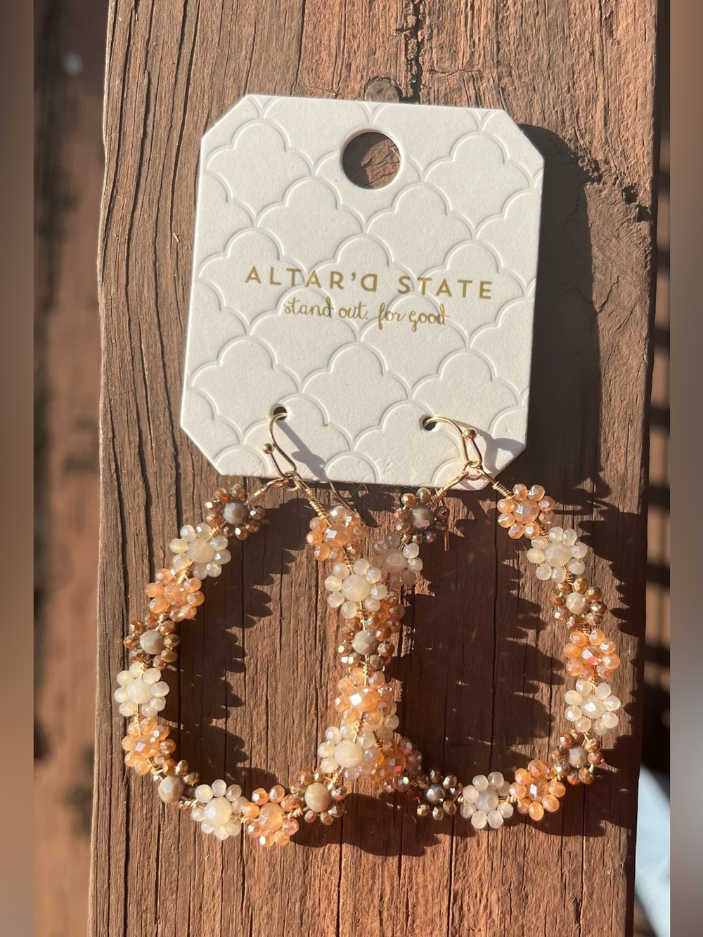 Altar'd State Beaded Flower Drop Hoop Earrings New Golds, Pearl, Tan Feminine